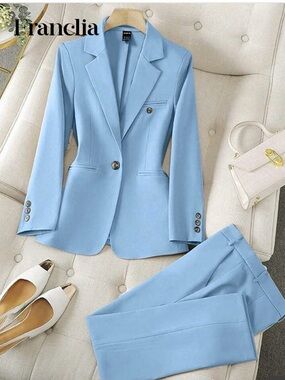 Franclia Light Blue Women's Blazer & Pants Set - SHEIN